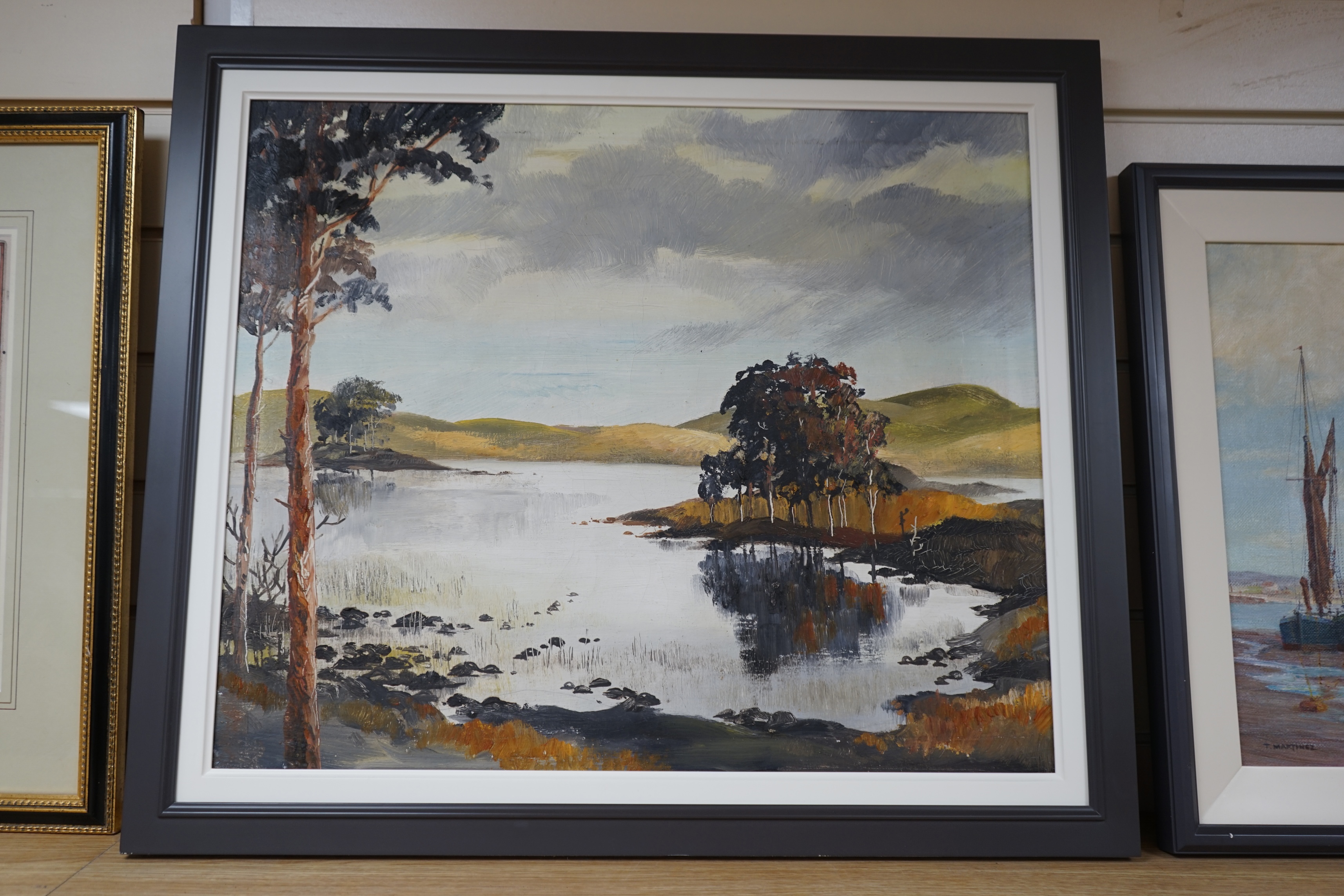 Oil on canvas, Lakeside landscape with trees, unsigned, 49 x 60cm. Condition - good
